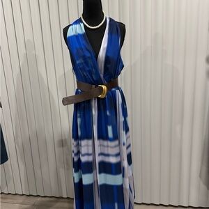 Donna Karan Blue and White Patterned Maxi Dress
